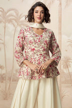 Cream Chinon Silk Palazzo Suit For Indian Wedding & Pakistani Festival - Embroidery Work - close-up view