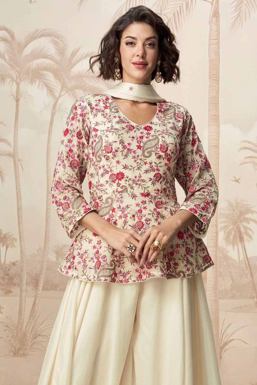 Cream Chinon Silk Palazzo Suit For Indian Wedding & Pakistani Festival - Embroidery Work - close-up view