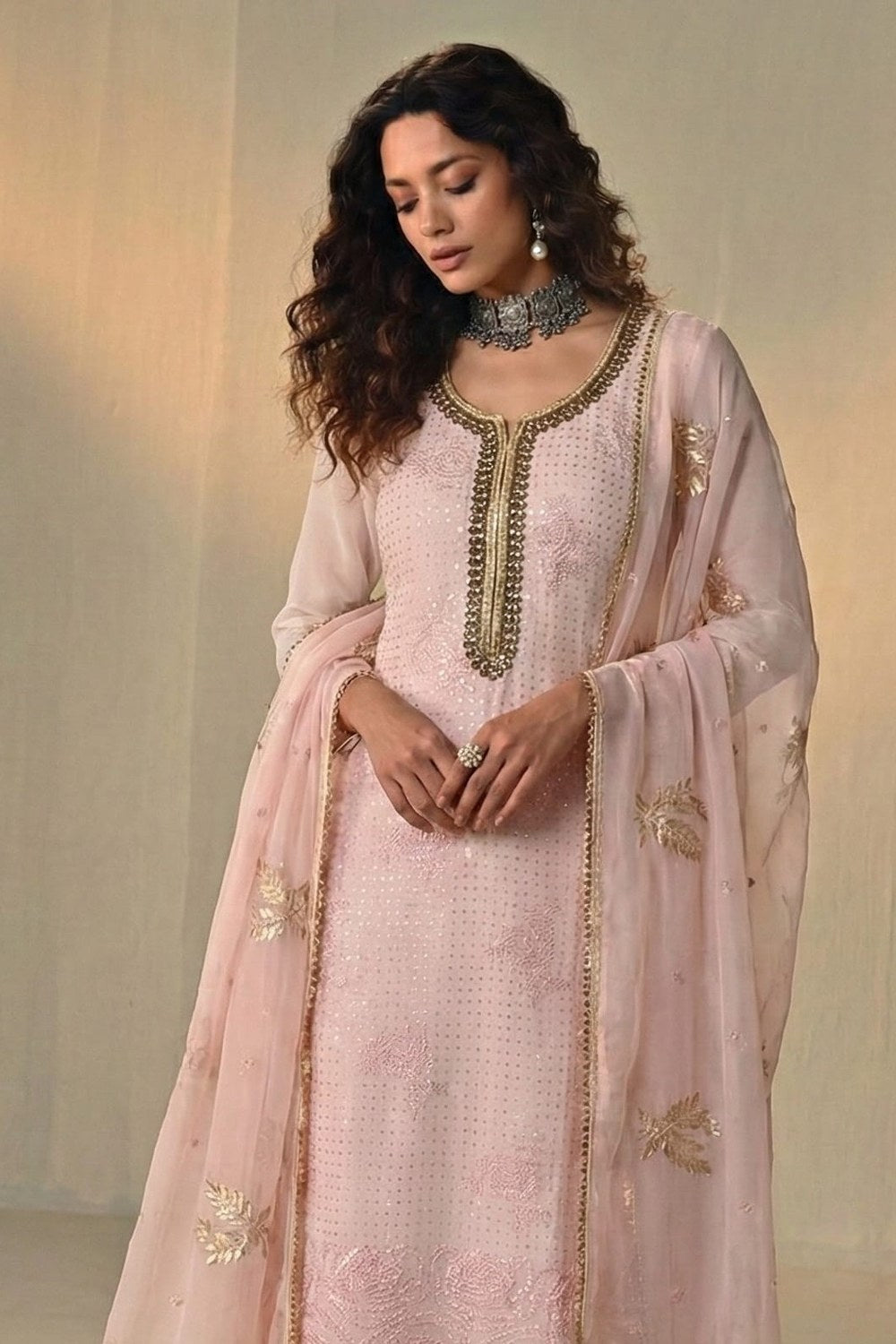 Baby Pink Georgette Kameez With Pant For Indian & Pakistani Wedding Festival - Sequins & Thread Embroidery Work, Khatli Work - close-up view