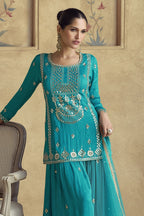 Sky Blue Chinon Silk Palazzo Suit For Wedding & Festival - Embroidery Work - close-up view