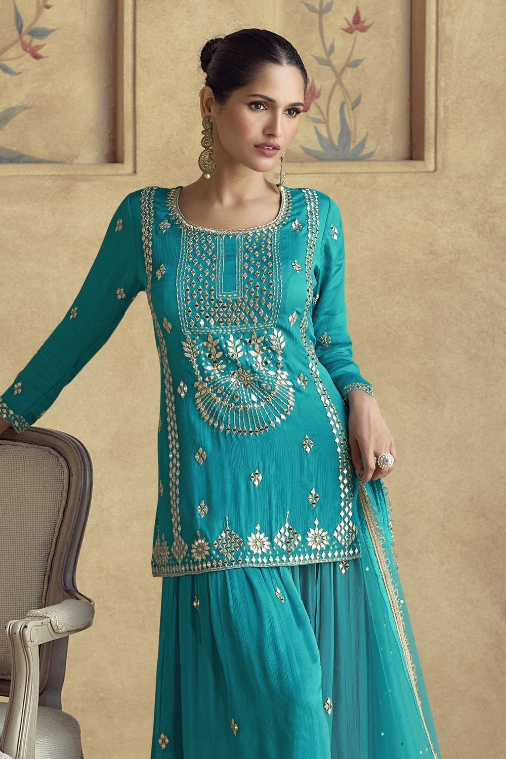 Sky Blue Chinon Silk Palazzo Suit For Wedding & Festival - Embroidery Work - close-up view