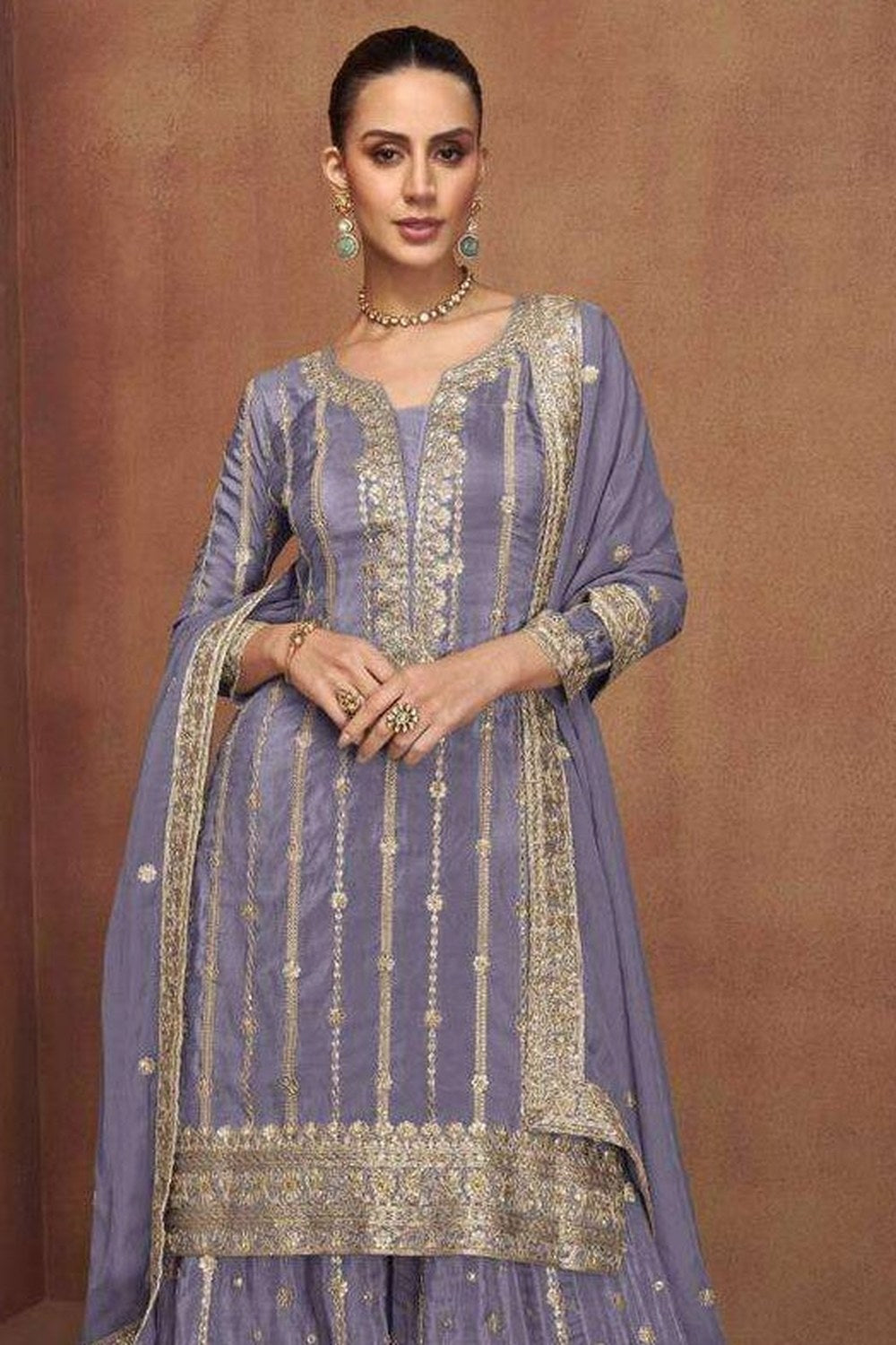 Mauve Shimmer Silk Bride Indian Dresses Sangeet Plazo Suit - Embroidery Work - close-up view