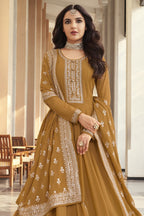 Golden Yellow Georgette Silk Anarkali Suit for Haldi Indian Wedding Guest Outfits - Embroidery Work - close-up view