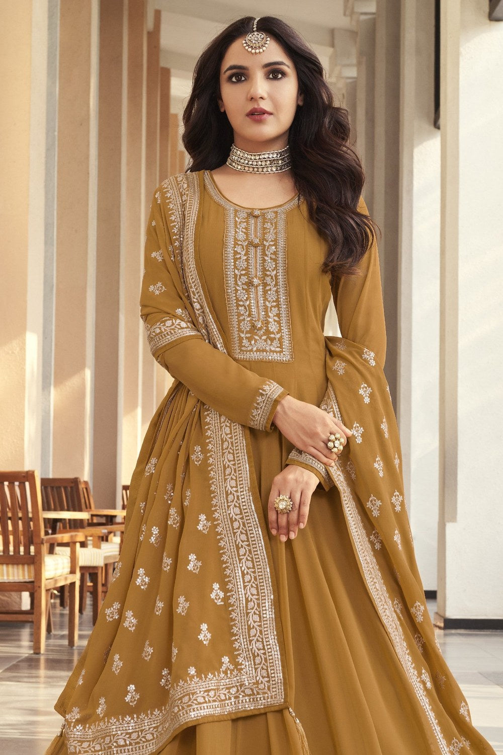 Golden Yellow Georgette Silk Anarkali Suit for Haldi Indian Wedding Guest Outfits - Embroidery Work - close-up view