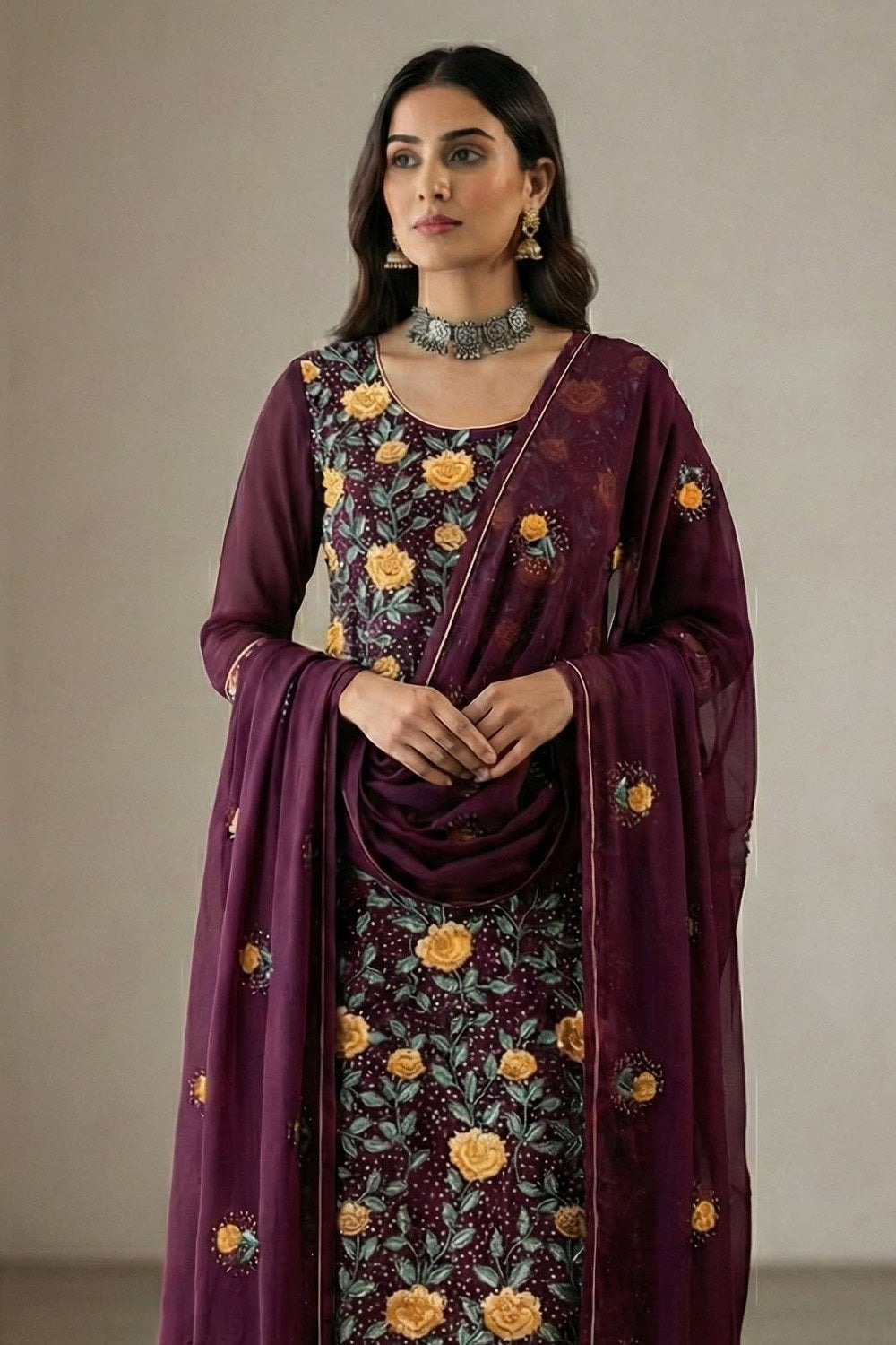 Wine Georgette Kameez With Pant For Indian & Pakistani Wedding Festival - Thread & Sequins Embroidery Work - close-up view