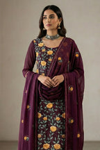 Wine Georgette Kameez With Pant For Indian & Pakistani Wedding Festival - Thread & Sequins Embroidery Work - close-up view