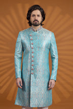 Sky Blue Jacquard Silk Indian Wedding Male Outfit - Embroidery Kurta Pajama - close-up view