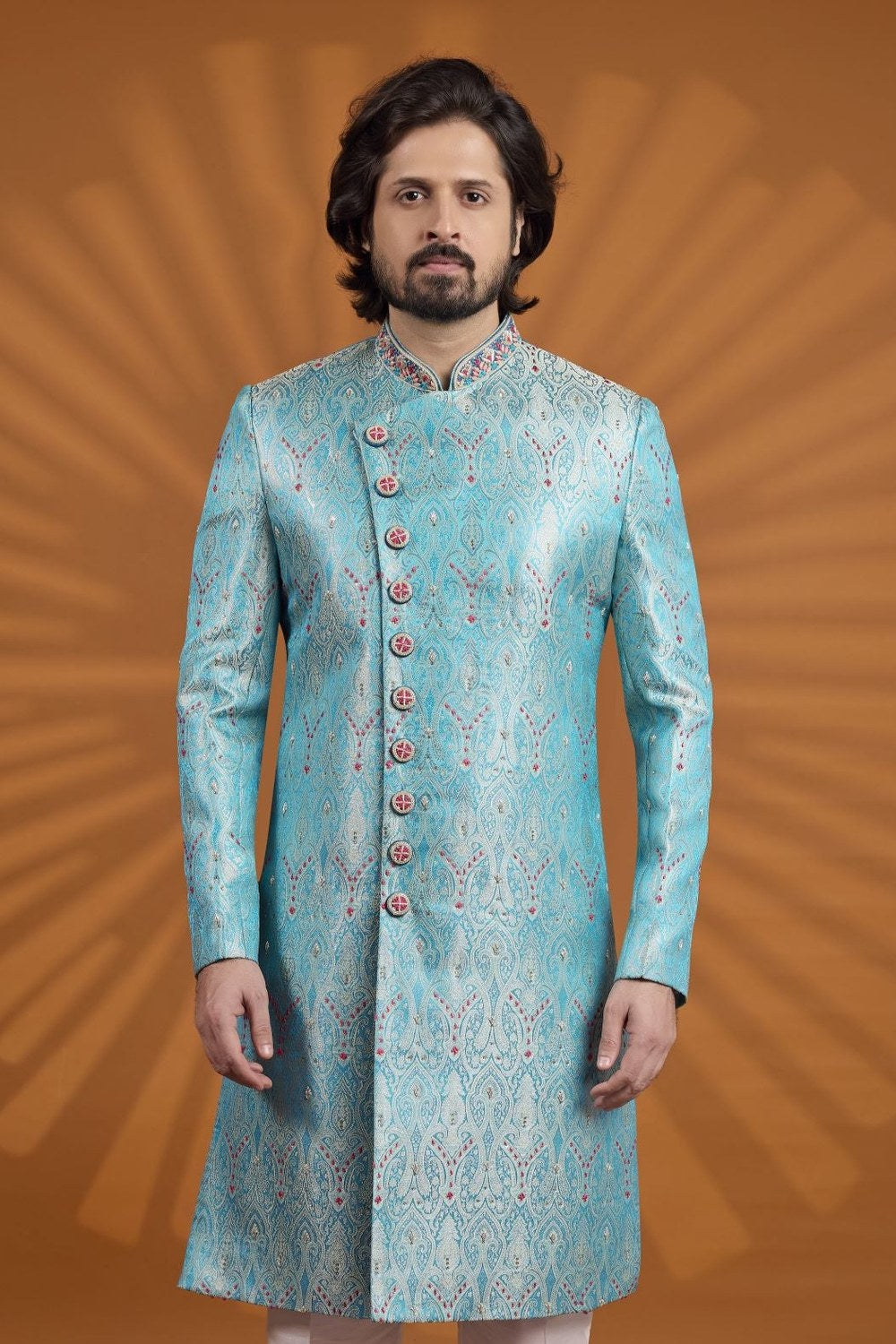 Sky Blue Jacquard Silk Indian Wedding Male Outfit - Embroidery Kurta Pajama - close-up view