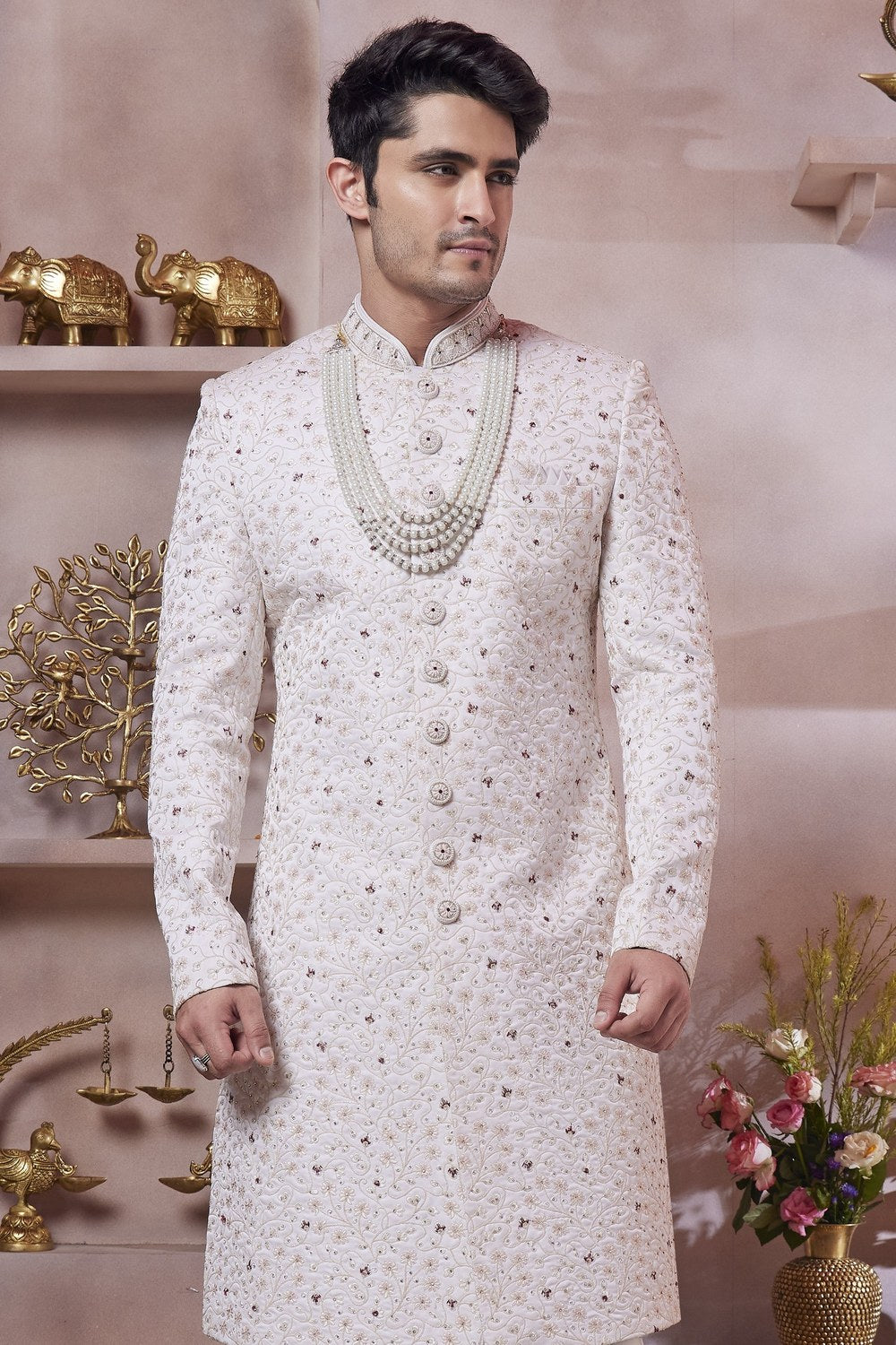 White Art Silk Indo Western Traditional Sherwani Long Kurta & Pant Suit for Men for Wedding - Thread Embroidery Work - close-up view