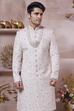White Art Silk Indo Western Traditional Sherwani Long Kurta & Pant Suit for Men for Wedding - Thread Embroidery Work - close-up view