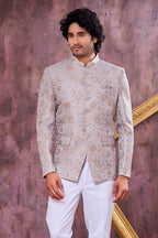 Grey Art Silk Jodhpuri Outfit For Men & Pant with Weaving Work - close-up view
