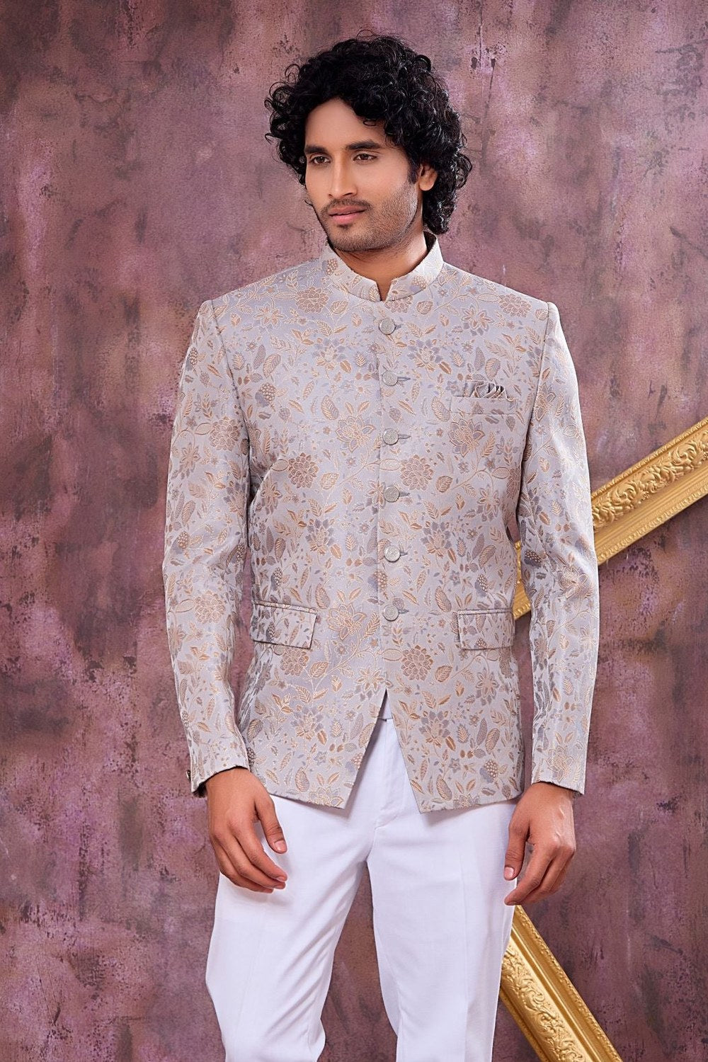Grey Art Silk Jodhpuri Outfit For Men & Pant with Weaving Work - close-up view
