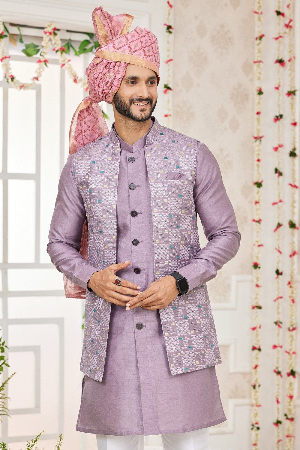 Light Purple Art Silk Kurta Pajama with Waistcoat Jacket for Men for Festivals & Wedding - Embroidery Work - close-up view