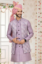 Light Purple Art Silk Kurta Pajama with Waistcoat Jacket for Men for Festivals & Wedding - Embroidery Work - close-up view