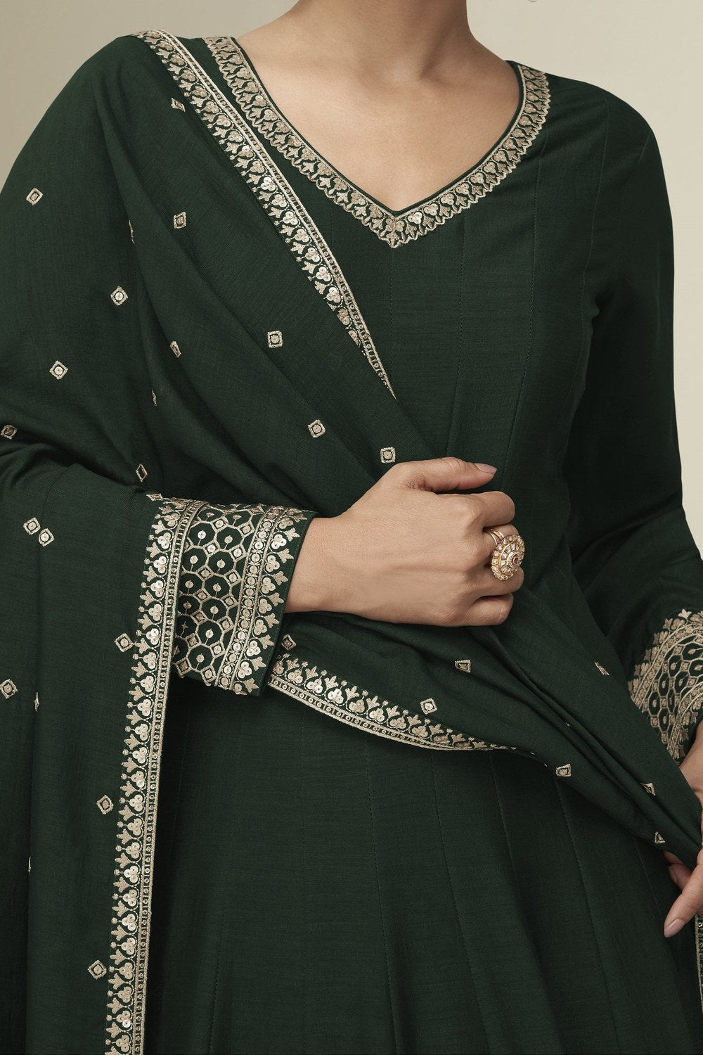 Green Premium Silk Anarkali Dress for Wedding with Sequins & Thread Work - hem and footwear detail