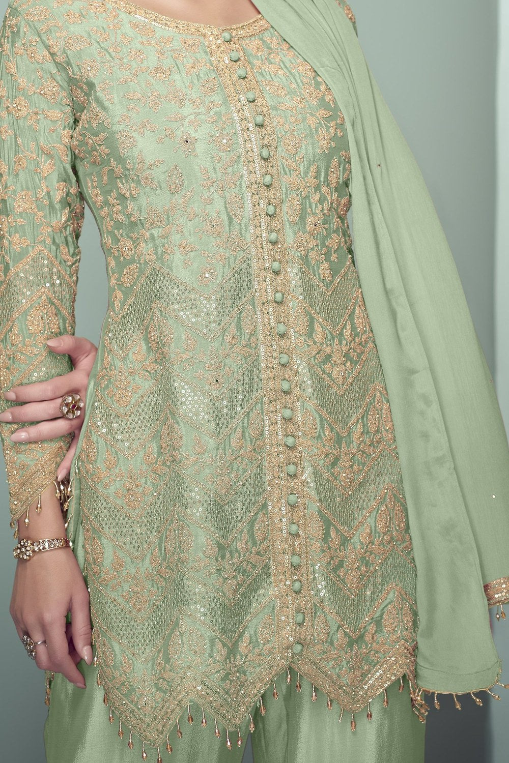 Light Green Chinon Silk Kameez With Pant For Indian & Pakistani Wedding Festival - Thread Embroidery Work, Sequence Embroidery Work - hem and footwear detail