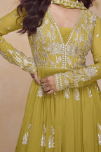 Mustard Latest Plazo Design for Wedding with Embroidery & Chinon Silk - hem and footwear detail