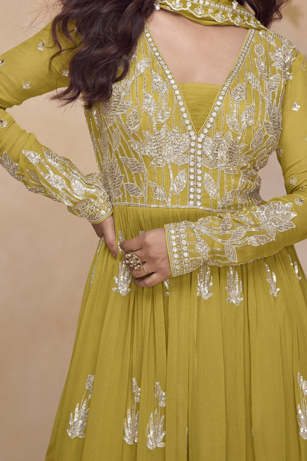 Mustard Latest Plazo Design for Wedding with Embroidery & Chinon Silk - hem and footwear detail