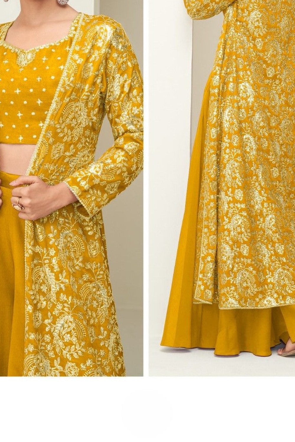 Yellow Chinon Silk Crop Top with Long Jacket and Palazzo for Haldi Ceremony - hem and footwear detail