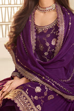 Purple Jacquard Silk Palazzo Suit For Indian Festivals & Pakistani Plazo Weddings Dress - Embroidery Work - hem and footwear detail