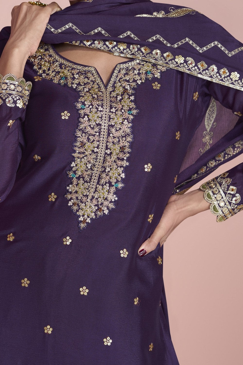 Dark Purple Chinon Silk Kameez with Gharara Suit Pakistani for Wedding & Festival - Embroidery Work - hem and footwear detail