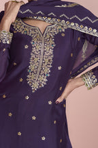 Dark Purple Chinon Silk Kameez with Gharara Suit Pakistani for Wedding & Festival - Embroidery Work - hem and footwear detail