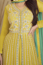 Yellow Chinon Silk Palazo for Sangeet - Thread Embroidery & Dori Work - hem and footwear detail