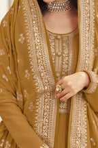 Golden Yellow Georgette Silk Anarkali Suit for Haldi Indian Wedding Guest Outfits - Embroidery Work - hem and footwear detail