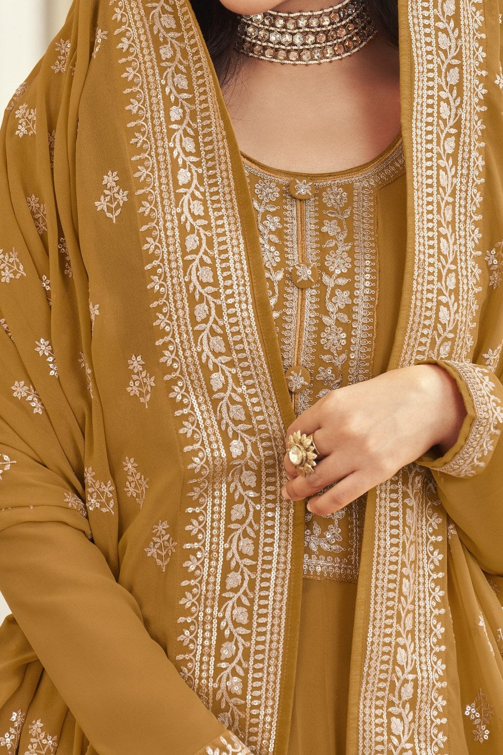 Golden Yellow Georgette Silk Anarkali Suit for Haldi Indian Wedding Guest Outfits - Embroidery Work - hem and footwear detail