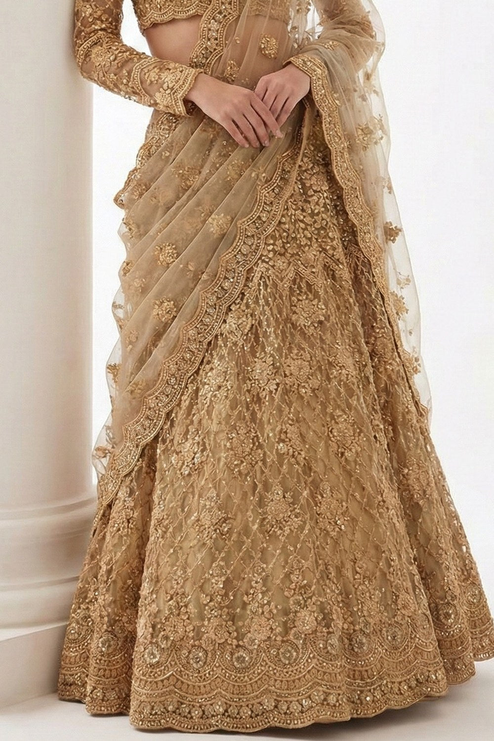 Brown Sangeet Lehenga Choli in Net with Sequin & Thread Embroidery - hem and footwear detail