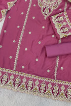 Pink Chinon Silk Kameez With Palazzo Suit For Indian & Pakistani Wedding Festival - Thread & Sequence Embroidery - hem and footwear detail
