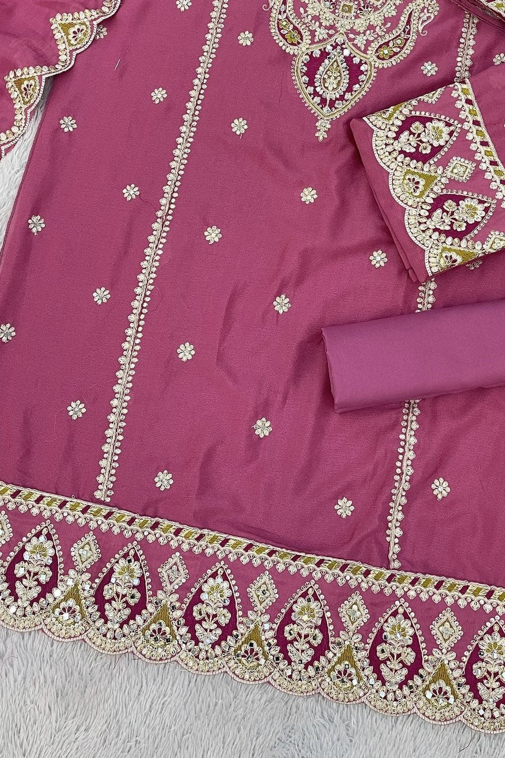Pink Chinon Silk Kameez With Palazzo Suit For Indian & Pakistani Wedding Festival - Thread & Sequence Embroidery - hem and footwear detail