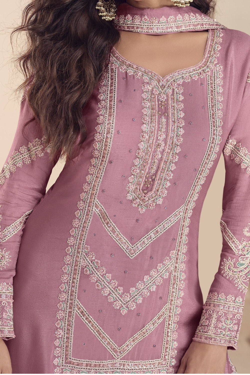 Lilac Indian Wedding Dresses: Chinon Silk Palazzo Suit with Moti & Thread Embroidery - hem and footwear detail