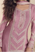 Lilac Indian Wedding Dresses: Chinon Silk Palazzo Suit with Moti & Thread Embroidery - hem and footwear detail