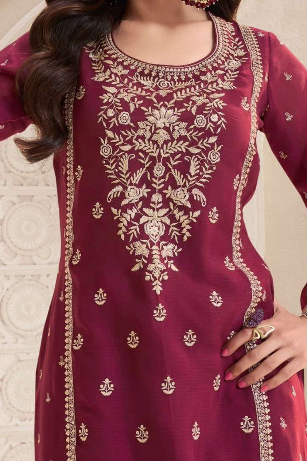 Burgundy Red Chiffon Silk Long Kameez Pant Suit For Indian Festivals & Weddings - Embroidery Work - hem and footwear detail
