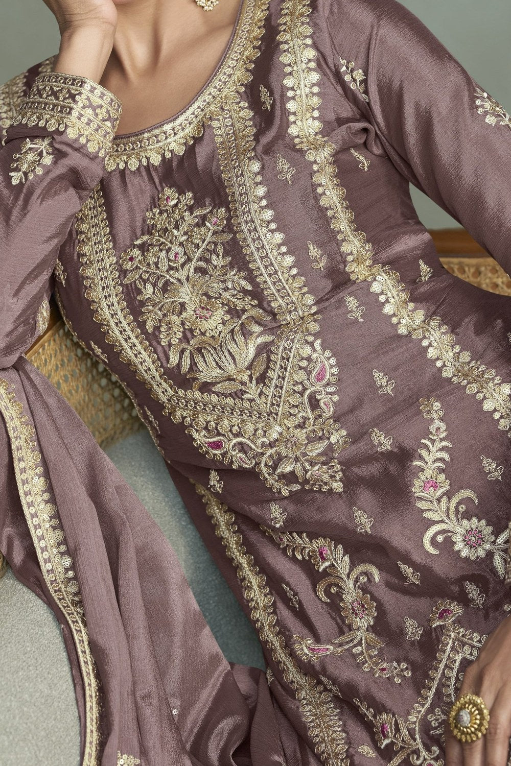 Slate Purple Chinon Silk Plazo Suit For Indian & Pakistani Wedding Festival - Thread & Sequins Embroidery Work, Print Work - hem and footwear detail