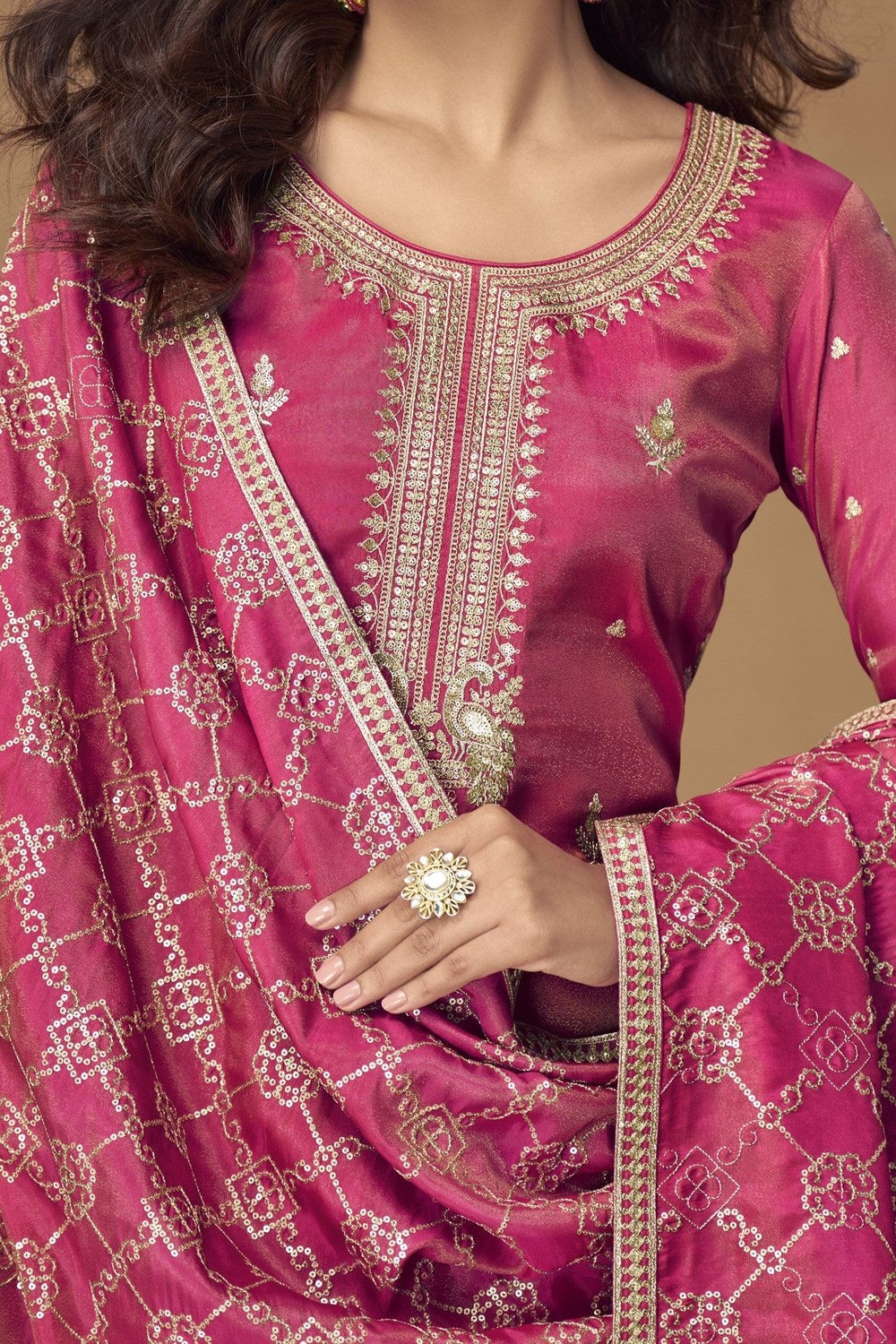Pink Simmer Silk Kameez With Palazzo Suit For Indian & Pakistani Wedding Festival - Thread & Sequence Embroidery - hem and footwear detail