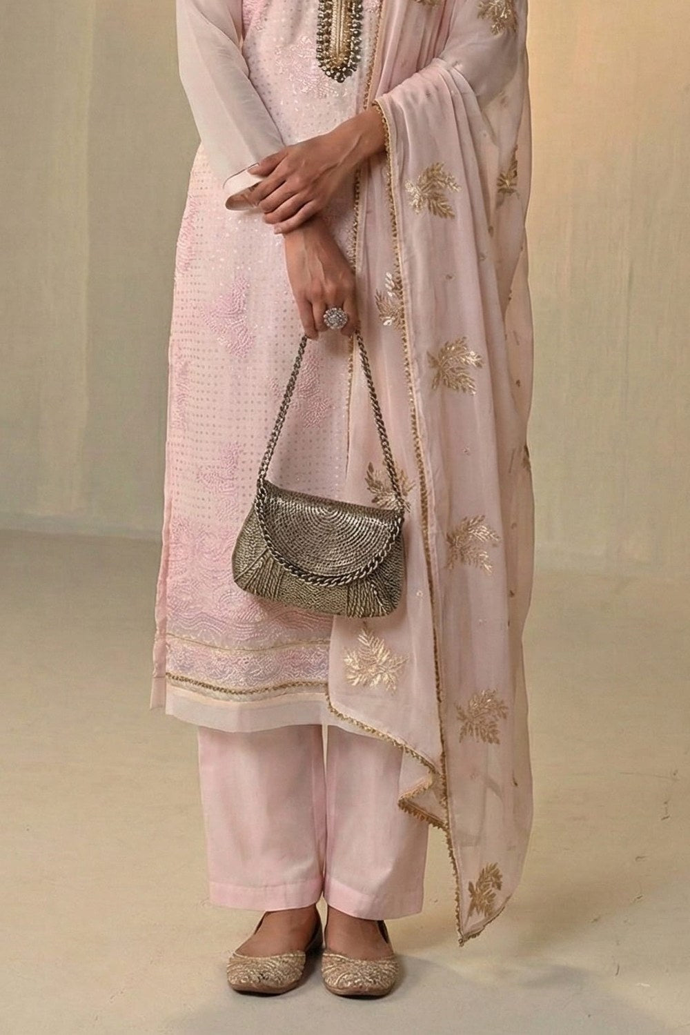 Baby Pink Georgette Kameez With Pant For Indian & Pakistani Wedding Festival - Sequins & Thread Embroidery Work, Khatli Work - hem and footwear detail