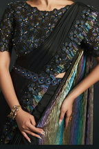 Black Crepe Georgette Silk Partywear Saree With Stitched Blouse For Indian & Pakistani Wedding Festival - Sequence Embroidery Work, Thread Embroidery Work, Stone Work - hem and footwear detail