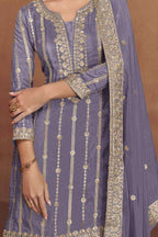 Mauve Shimmer Silk Bride Indian Dresses Sangeet Plazo Suit - Embroidery Work - hem and footwear detail