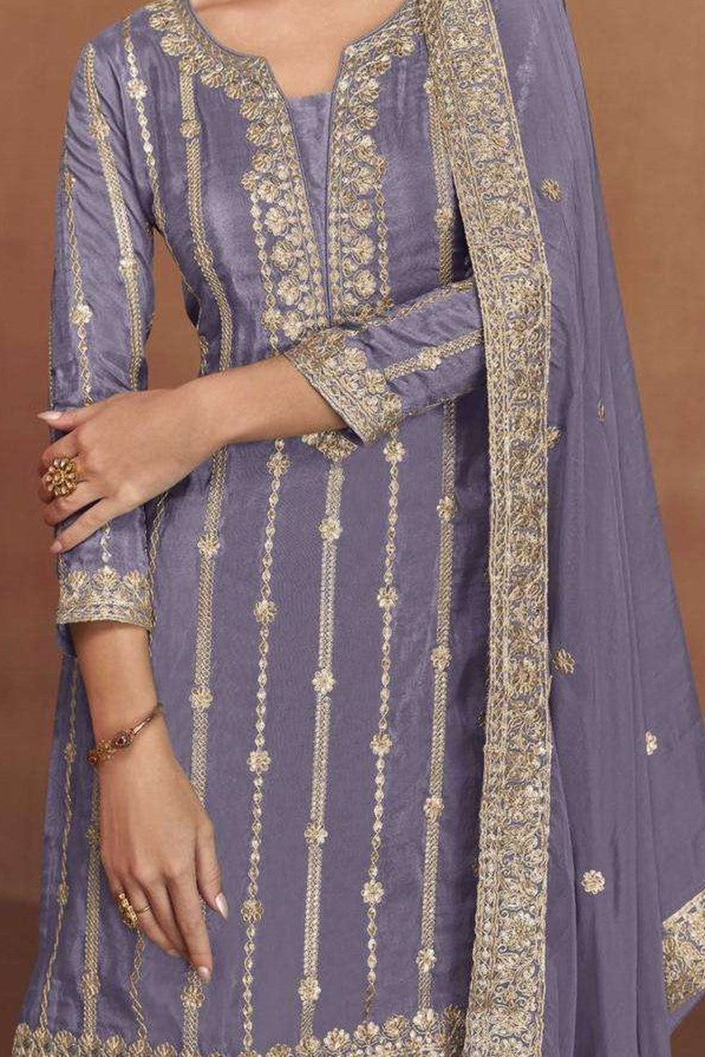 Mauve Shimmer Silk Bride Indian Dresses Sangeet Plazo Suit - Embroidery Work - hem and footwear detail
