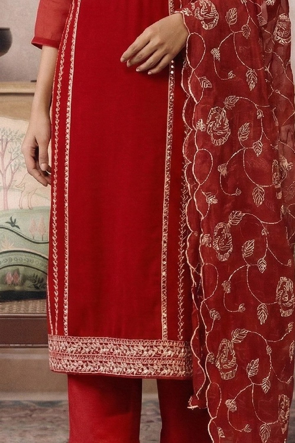 Sangeet Outfits for Guests - Red Organza Embroidered Kameez with Pant - hem and footwear detail