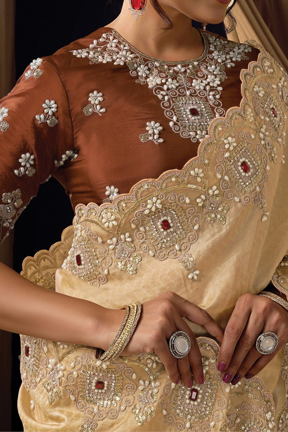 Beige Sequins Saree for Wedding Guest - Pearl & Crystal Stone Handwork - hem and footwear detail