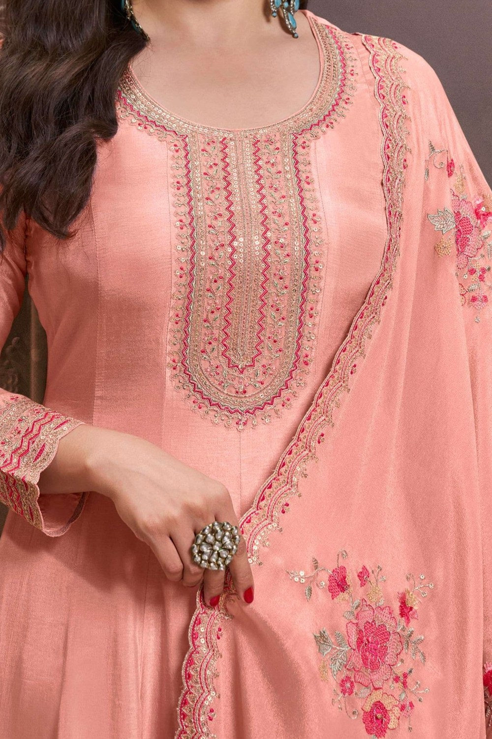 Peach Muga Silk Anarkali Suit For Indian & Pakistani Wedding Festival - Zari Work, Thread & Sequence Embroidery Work - hem and footwear detail