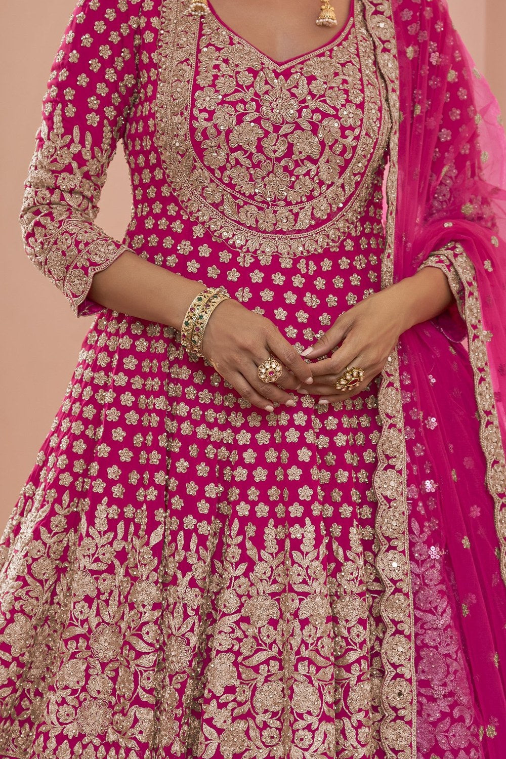 Pink Pakistani Dress with Georgette Kameez and Skirt - hem and footwear detail