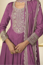 Magenta Chinon Silk Palazo Suit For Indian & Pakistani Wedding Festival - Thread & Sequins Embroidery Work - hem and footwear detail