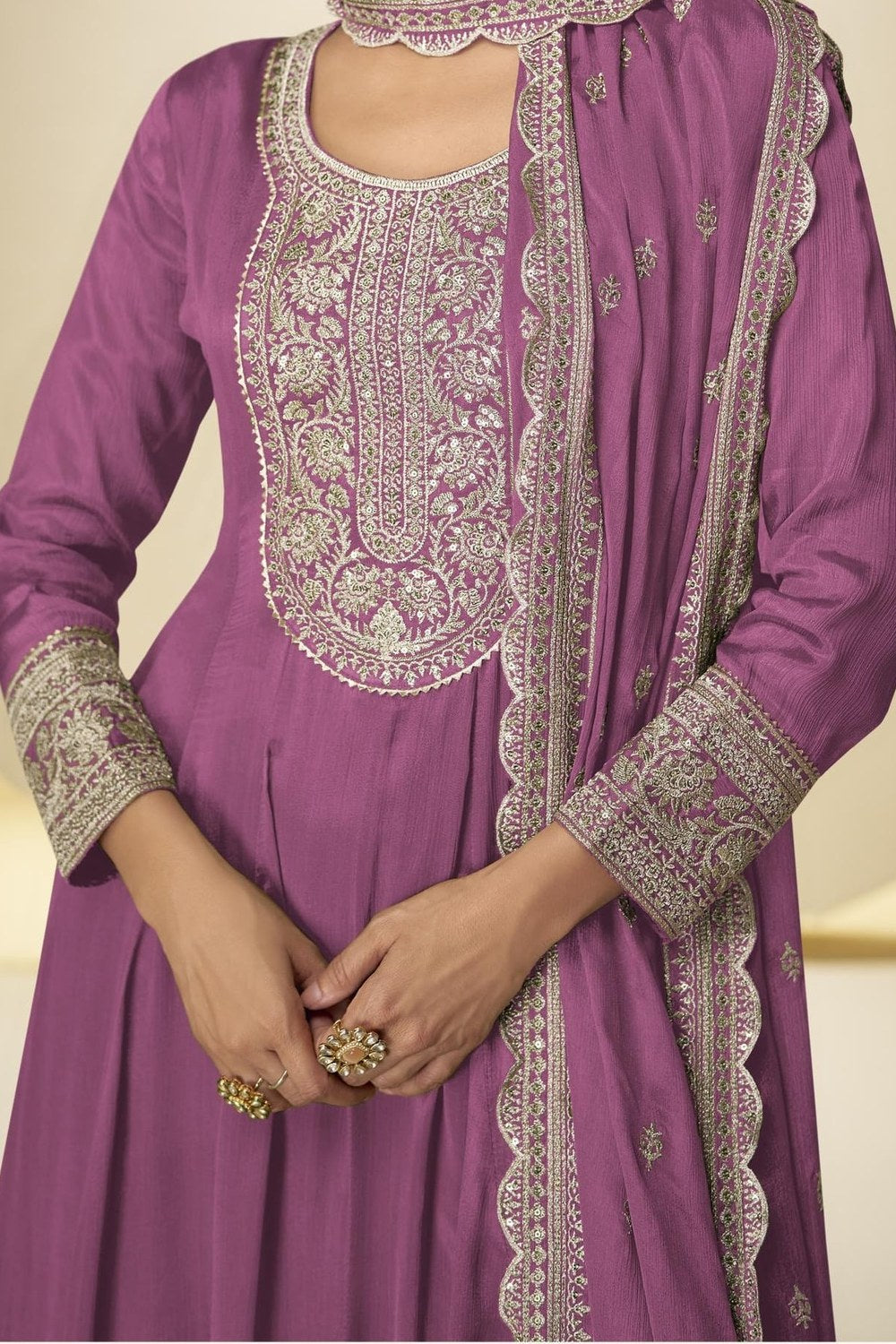Magenta Chinon Silk Palazo Suit For Indian & Pakistani Wedding Festival - Thread & Sequins Embroidery Work - hem and footwear detail