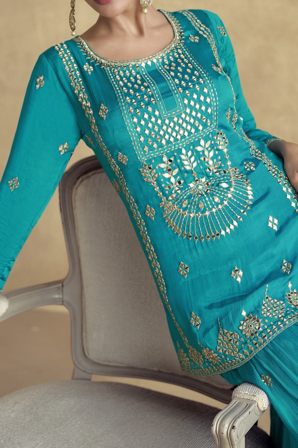 Sky Blue Chinon Silk Palazzo Suit For Wedding & Festival - Embroidery Work - hem and footwear detail