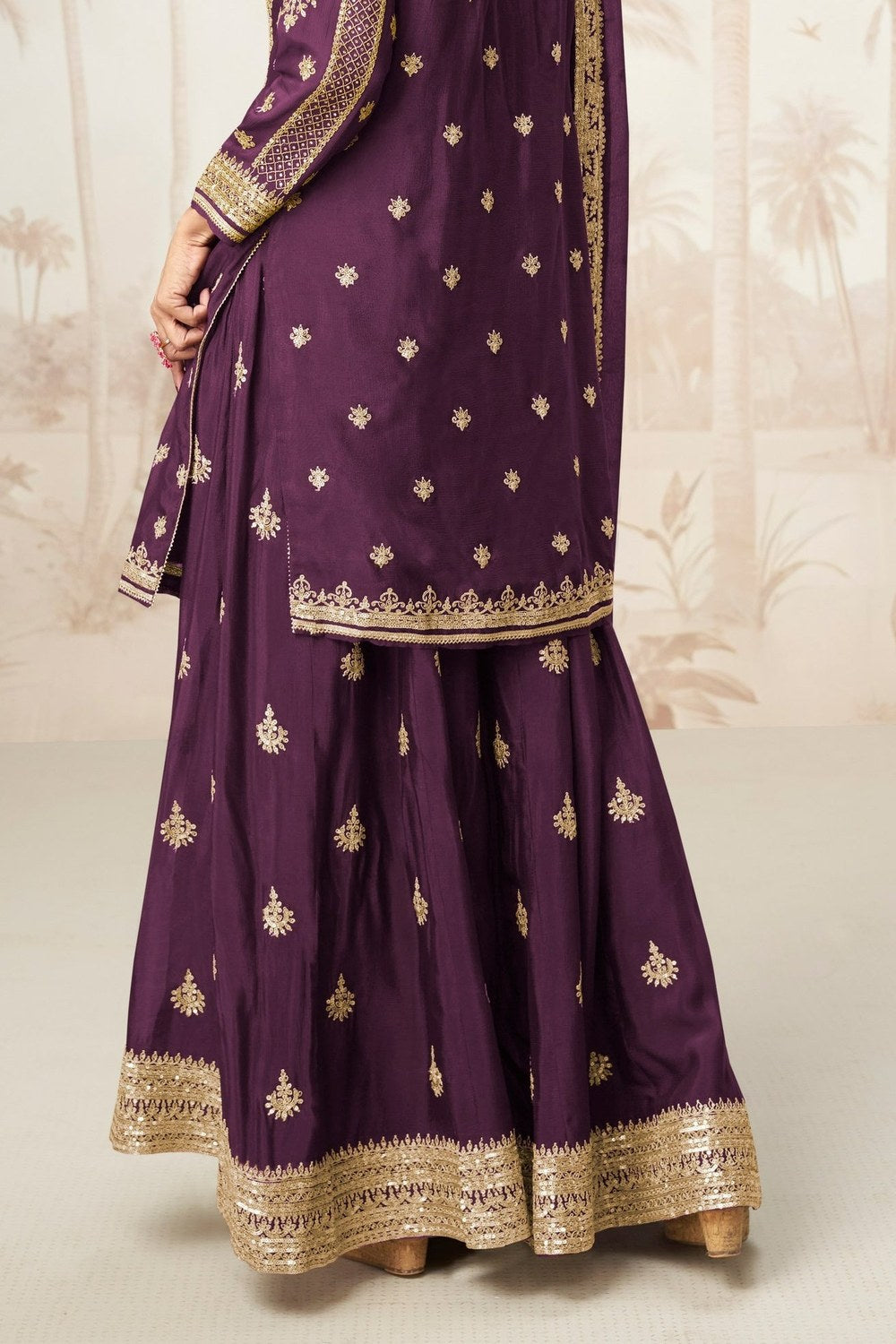 Brown Chinon Silk Palazzo Suit for Indian Wedding Guests Outfits - Sequence Embroidery Work, Embroidery Work - hem and footwear detail