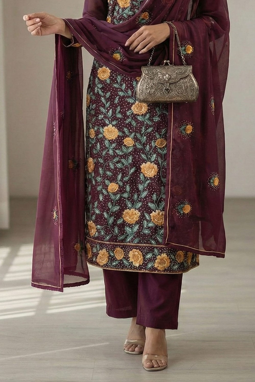 Wine Georgette Kameez With Pant For Indian & Pakistani Wedding Festival - Thread & Sequins Embroidery Work - hem and footwear detail